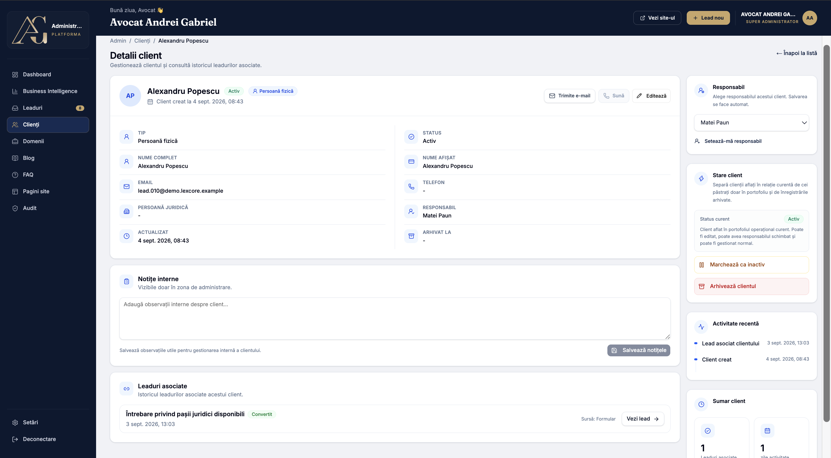Law Firm Digital Platform client details view
